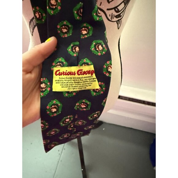 VTG 90s Holiday Christmas Navy Curious George with Wreathes Necktie - Picture 4 of 4